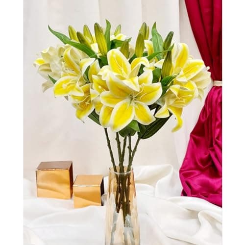 SATYAM KRAFT 1 Pcs with (3 Head) Lily Artificial Flowers Sticks for Home Decor, Bedroom, Living Room, Table, Balcony, Office, Wedding, Pooja, Anniversary Decorations (Without Vase Pot) (Yellow)