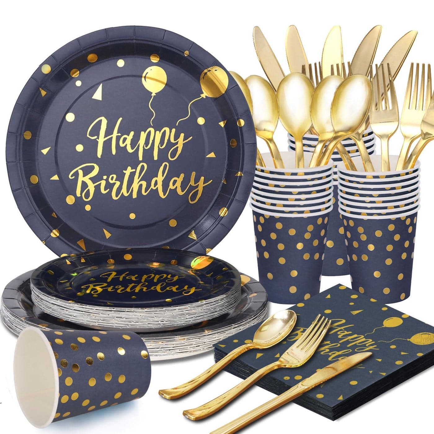 175 Pcs Blue Birthday Plates and Napkins Party Supplies Blue and Gold Paper Plates and Cups and Napkins Sets for Men Happy Birthday Party Decorations Serves 25