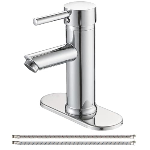 Greenspring Chrome Bathroom Faucet 1 Hole, Single Lever Bathroom Sink Faucets Modern Deck Mount One Hole Lavatory Vanity Faucet with Deck Plate and Supply Line, Brass