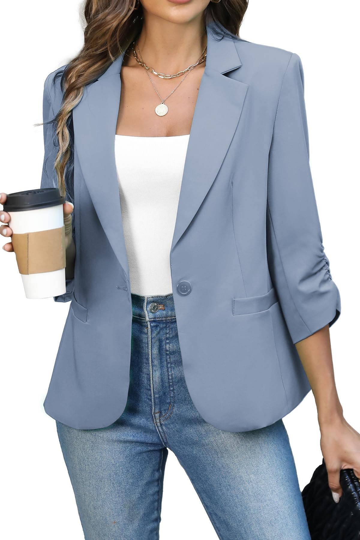 ELLEVEN Womens Blazer Business Casual Suit Jacket Slim Fit Fitted Ruched 3/4 Sleeve Petite Crop Blazer Dressy Full Lining Lightweight Outfits Coat Cardigan with Padded Shoulder Airy Blue Large