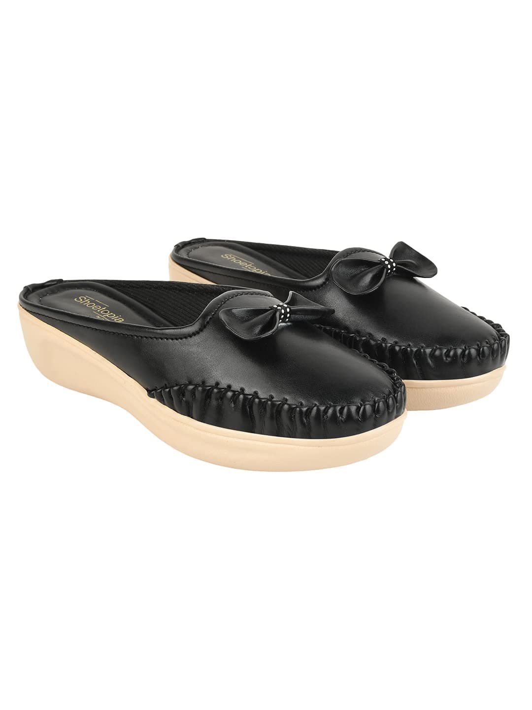 Shoetopia Upper Bow Detailed Black Slip-On Loafers for Women & Girls /UK8