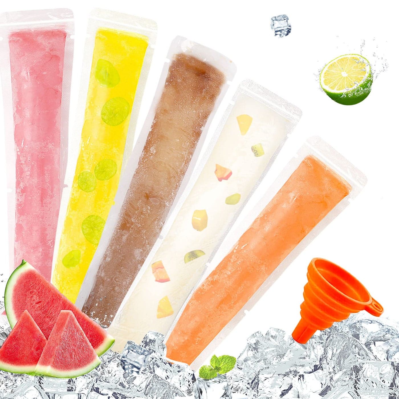 FEBSNOW 120 Disposable Ice Popsicle Bags BPA Free Freezer Tubes With Zip Seals For SnacksYogurt SticksJuice Fruit SmoothiesIce Candy Pops Comes With A Funnel 75inches x 2inches
