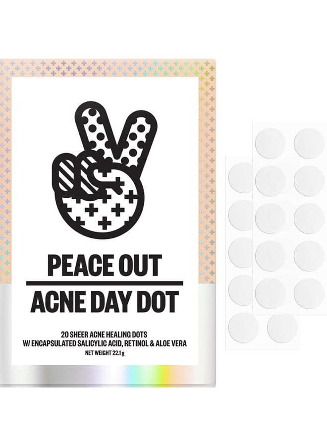 Peace Out Skincare Acne Day Dot. 6-hour Fast Acting Sheer Hydrocolloid Pimple Patches with Salicylic Acid, Ultra-Thin, Virtually Invisible, Quickly Clear Breakouts, Blemishes and Zits, 20 dots