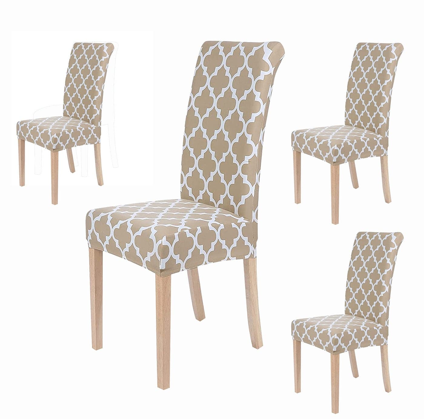 House of Quirk Polyester Spandex Printed Chair Cover Stretch Removable Washable Short Dining Chair Cover Protector Seat Slipcover (Beige Diamond, Pack of 4)