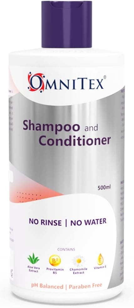 Omnitex Rinse Free Shampoo Conditioner 500ml Herbal Extracts Vitamins No Water No Rinse Clean Nourish Protect No Parabens Latex Alcohol Free Dermatologically Tested
