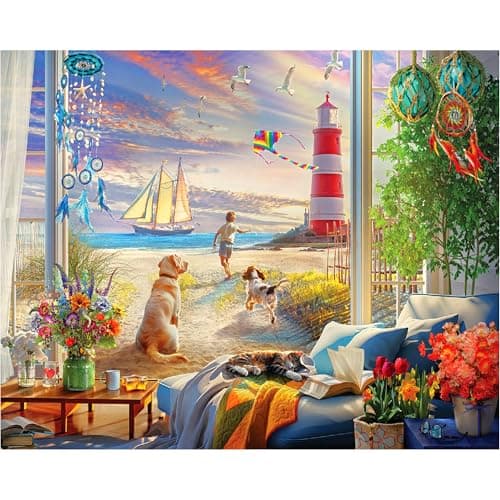 White Mountain 500 Piece Jigsaw Puzzle Beach Lighthouse Dog Puzzles with Large Pieces Gift for Adults and Family 18x24 Summer Road