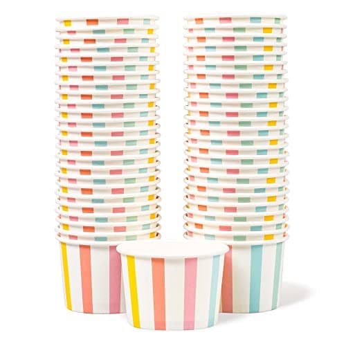 MATICAN Paper Ice Cream Cups - 50-Count 4-Oz Disposable Dessert Bowls for Hot or Cold Food, 4-Ounce Party Supplies Treat Cups for Sundae, Frozen Yogurt, Soup, Pastel Stripes