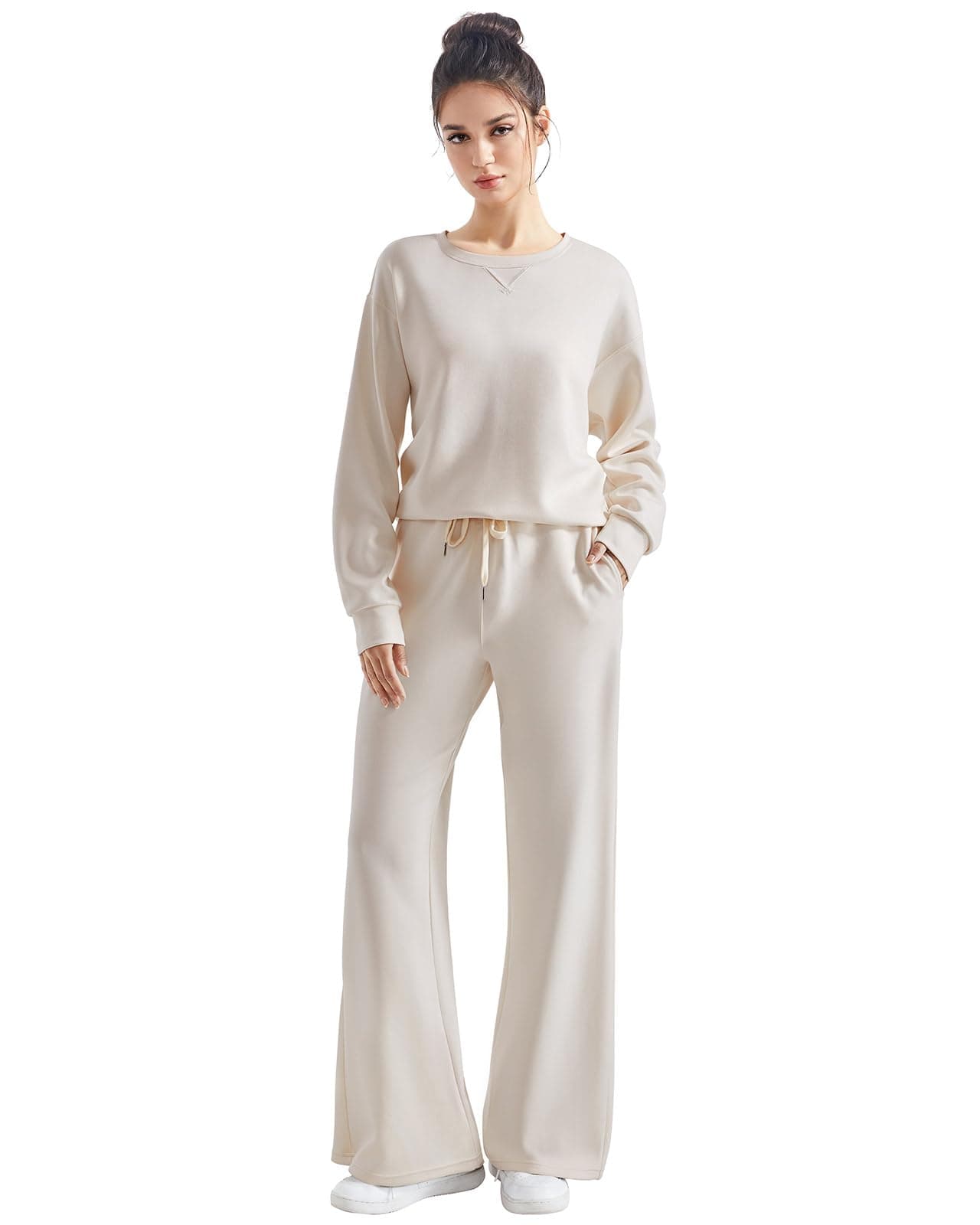 SUUKSESS Women Modal 2 piece outfits Oversized Sweatshirt Fall Lounge Set Wide Leg Pants Matching Sets (Apricot,M)