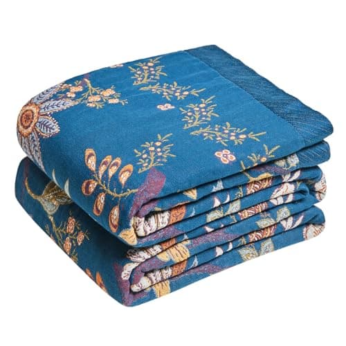 LUTBM Boho Throw Blanket for Couch Sofa Chair Cotton Summer Blankets for Bedroom Living Room All Season Lightweight Reversible Floral Embroidery Throws 50"x60"