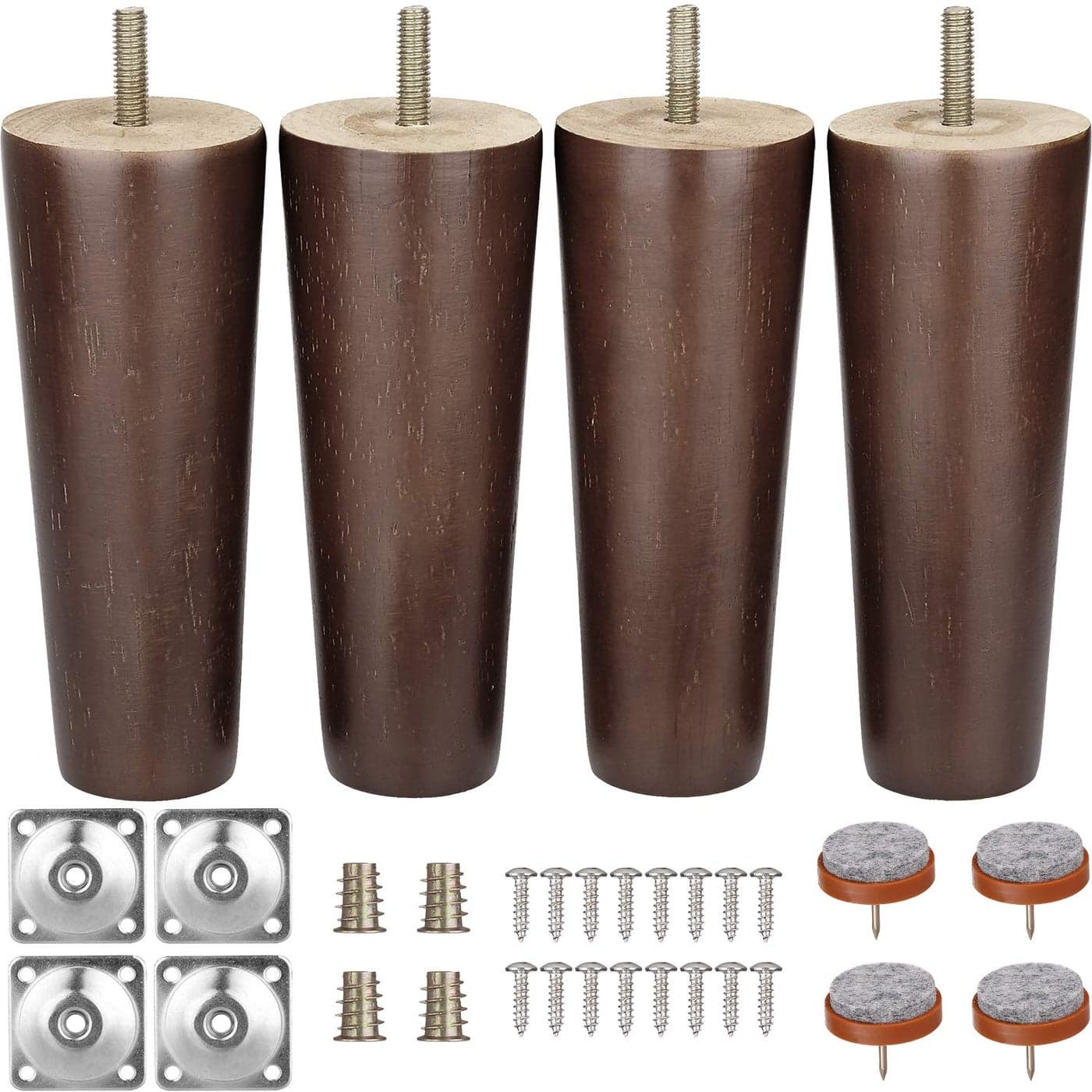 Furniture Legs 6 Inches Sofa Legs Mid Century Modern Walnut Wood Furniture Feet Replacement Legs with Leg Mounting Plates Felt Protectors for Sofa Cabinet Couch Ottoman Coffee Table Bench Chair