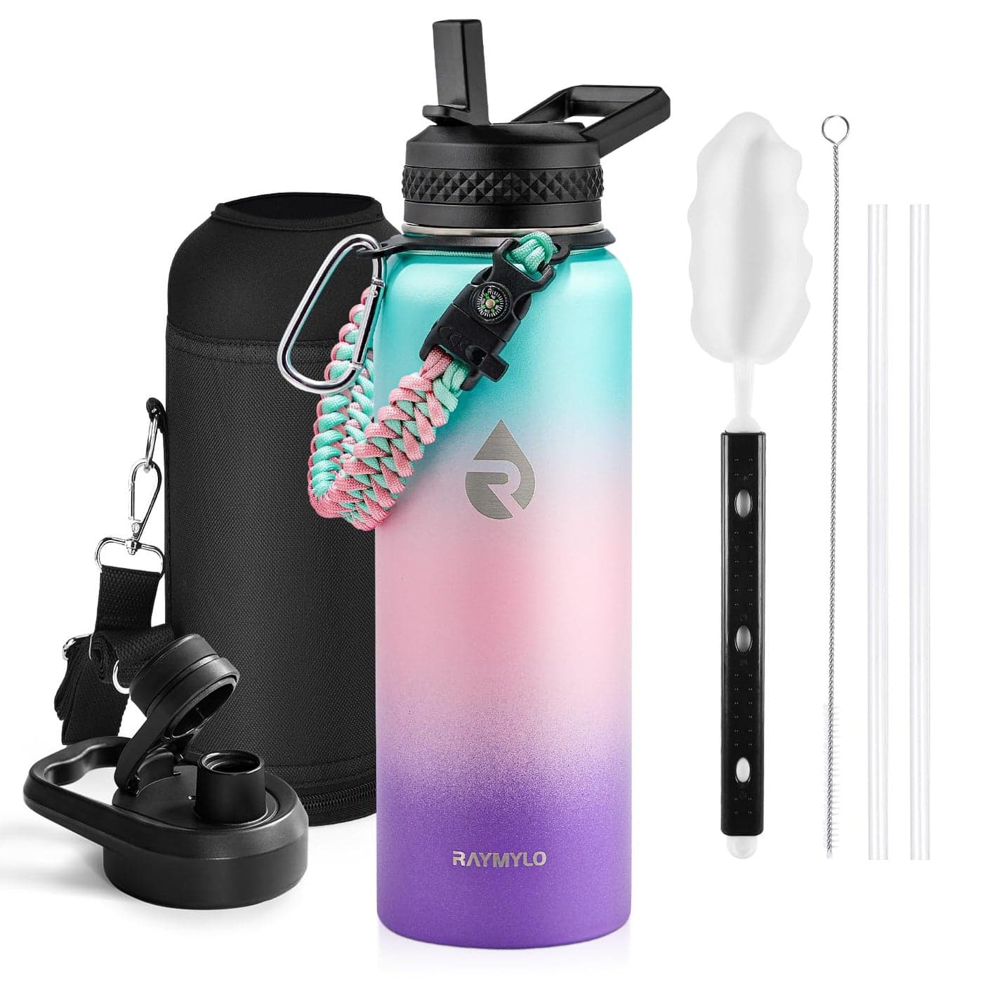 RAYMYLO Insulated Water Bottle 40 oz Triple Wall Vacuum Stainless Steel Cold for 48 Hrs Leak Proof BPAFree Modern Water Flask Jug with Paracord Handle Straw Spout Lids Hydrangea
