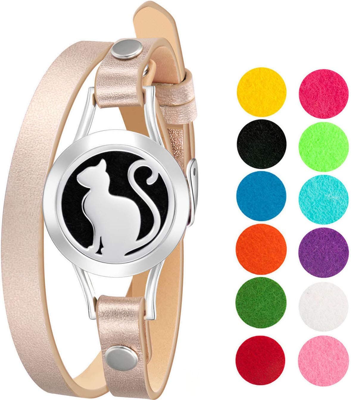 Wild Essentials Pretty Kitty Cat Essential Oil Bracelet Diffuser Leather Wrap Band Stainless Steel Locket Pendant 12 Color Refill Pads Customizable Color Changing Perfume Jewelry for Aromatherapy