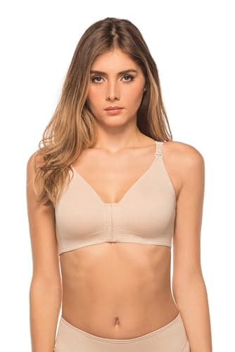 Annette Post Surgery Racerback Bra for Women – Front Closure, Seamless, Longline, Compression and Wireless Brassiere – Gym and Sports Bra for Women – Beige, 34C