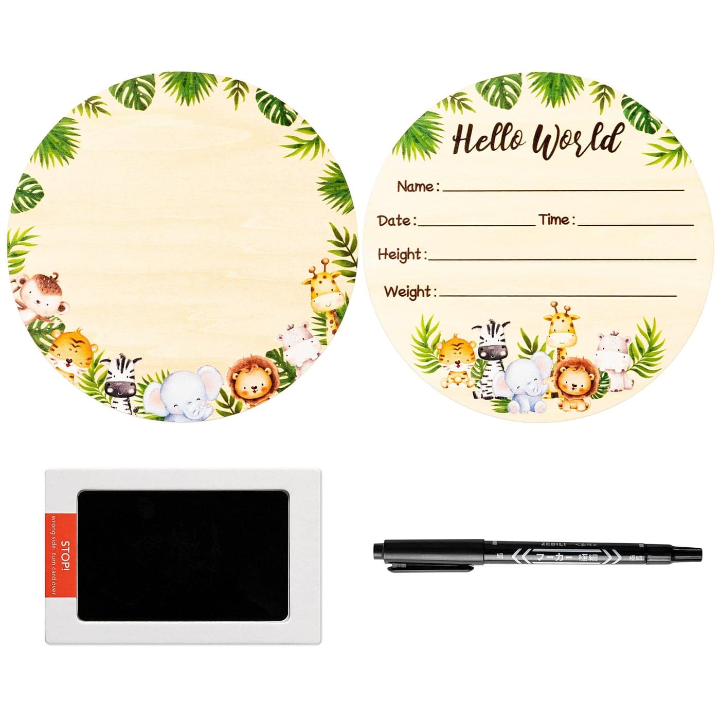 R HORSE Baby Birth Announcement Sign with Marker Pen Safari Animals Baby Name Sign with Ink Pad for Hand and Footprints Wooden Hello World Newborn Announcement Nursery Decor Keepsake Gifts