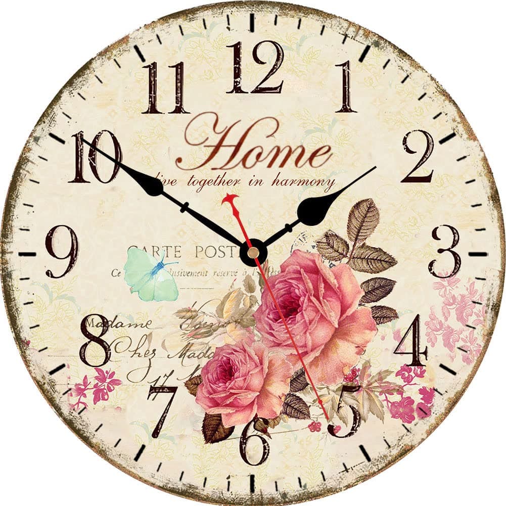 VIKMARI 14 Inch Wooden Wall Clock Art Hanging Clocks Silent NonTicking Wall Clock Battery Operated Round Home Flowers Style Arabic Numeral Decorative Wall Clocks