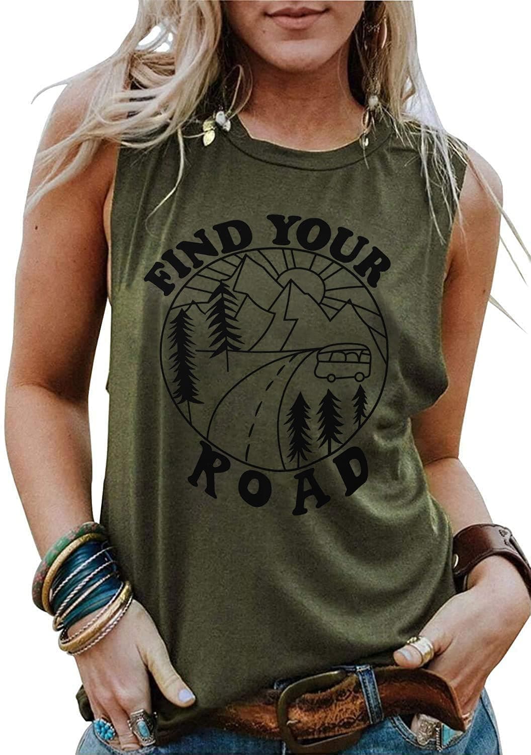 Tank Tops for Women Summer Find Your Round Graphic Tshirts Sleeveless Casual Ladies Loose Tunic Blouse (Amy Green, XL)