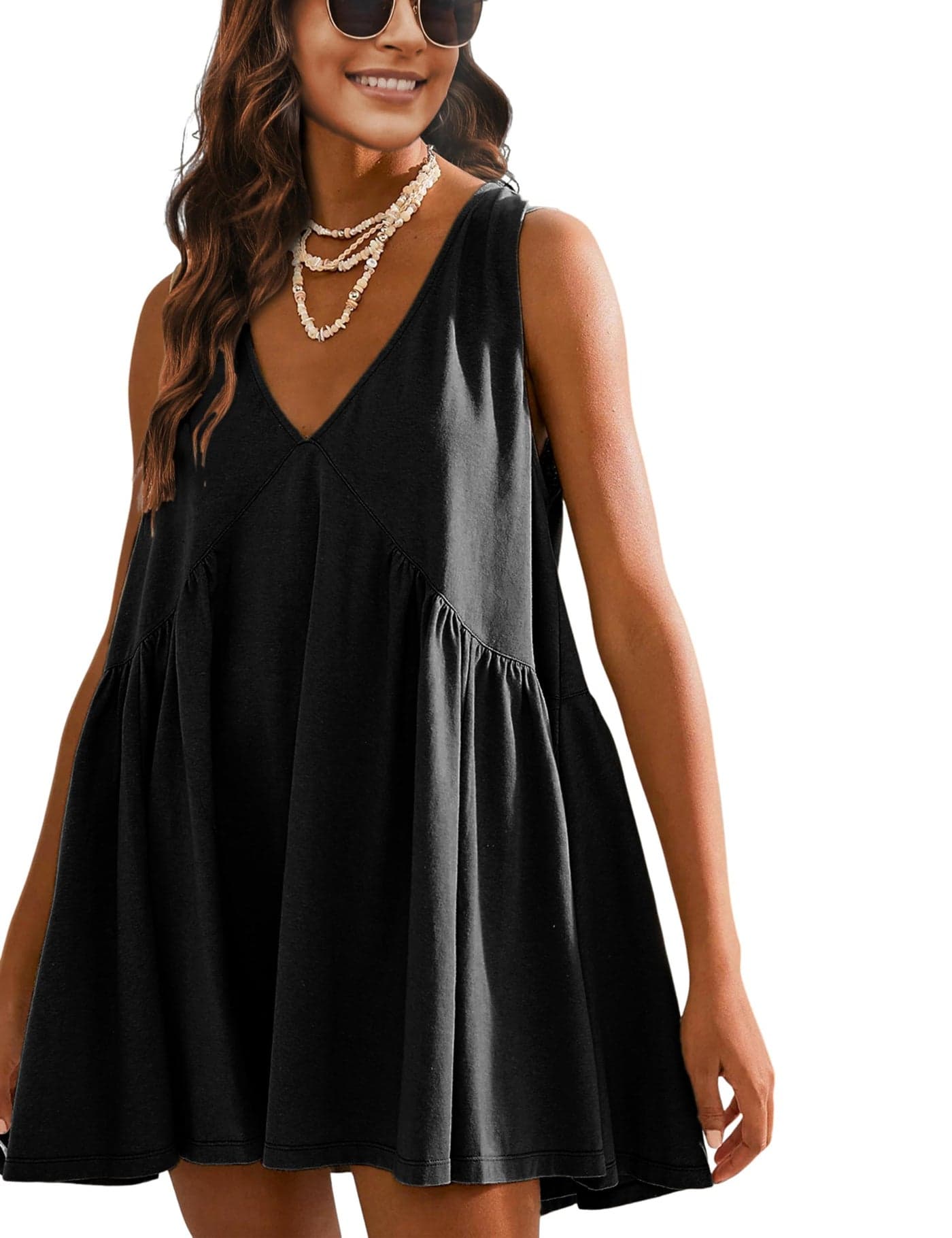 Athlisan Womens Summer Sleeveless Mini Dress Casual Loose V Neck Sundress with Pockets(Black-S)