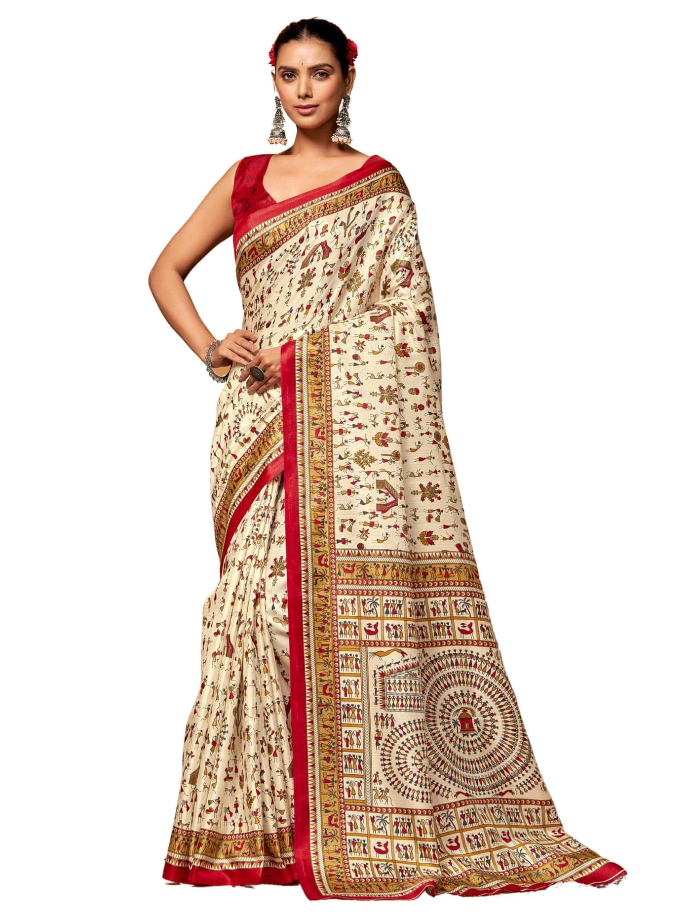 EthnicJunction Women's Art Silk Warli Print Saree With Blouse Piece, Red
