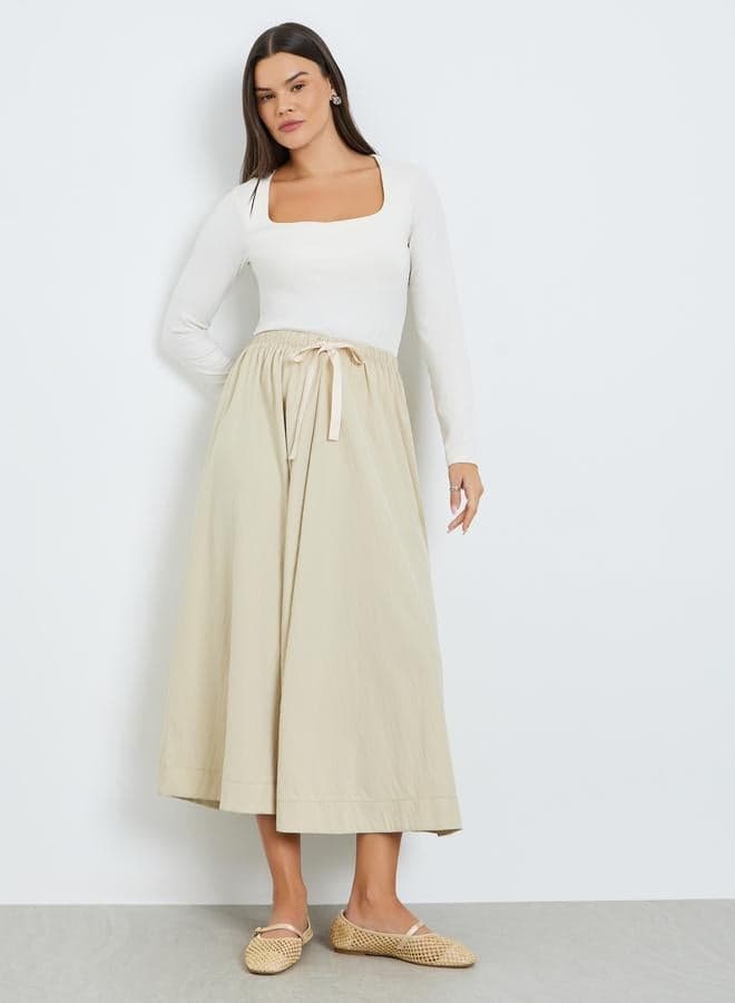 Beige Drawstring Waist Pleated Skirt