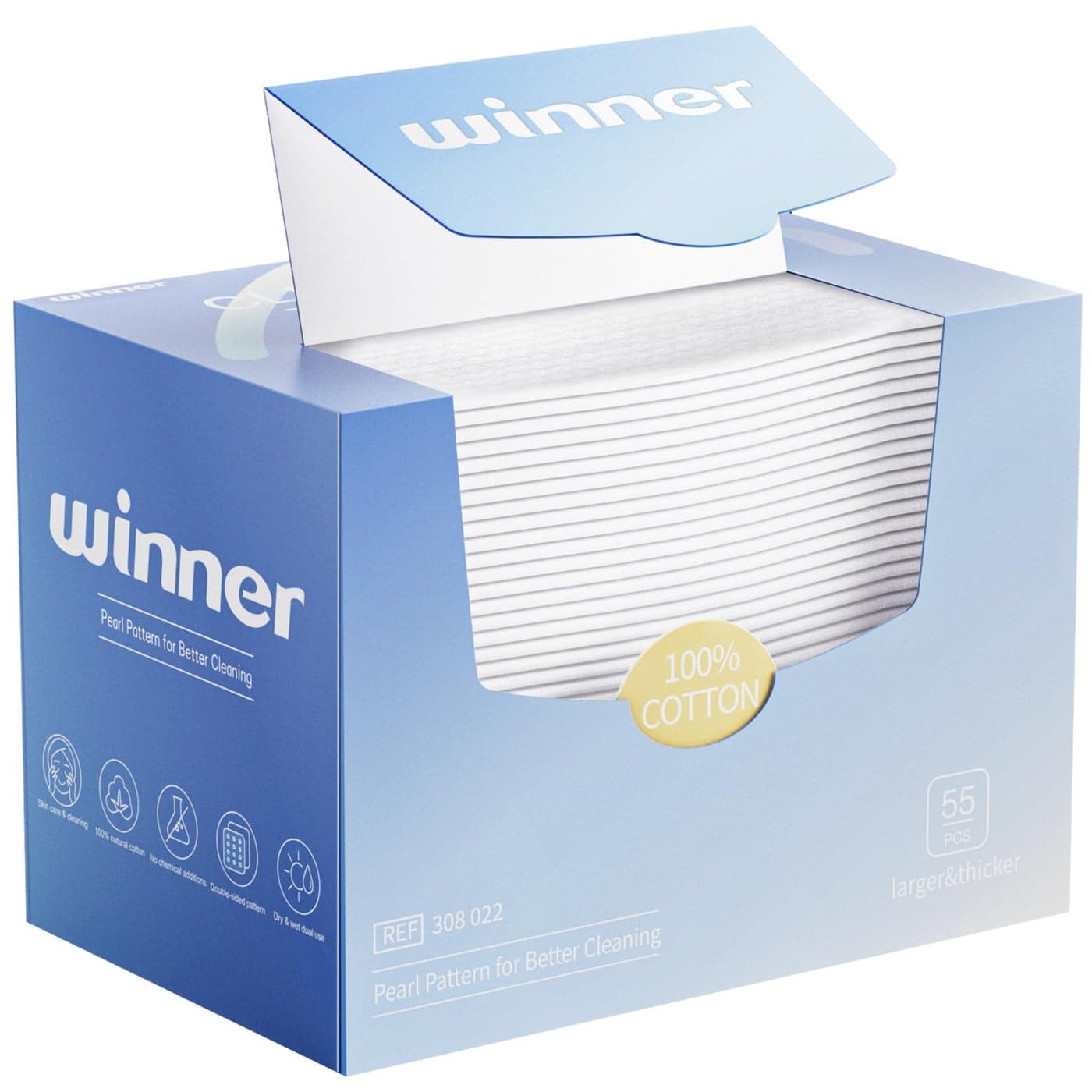 Winner Face Towels, 100% USA Cotton Disposable Face Towel, Clean Face Towelettes XL, Odor-Free, Ultra Soft Makeup Remover Wipes for Sensitive Skin, Biodegradable, 55 Count, 1 Pack