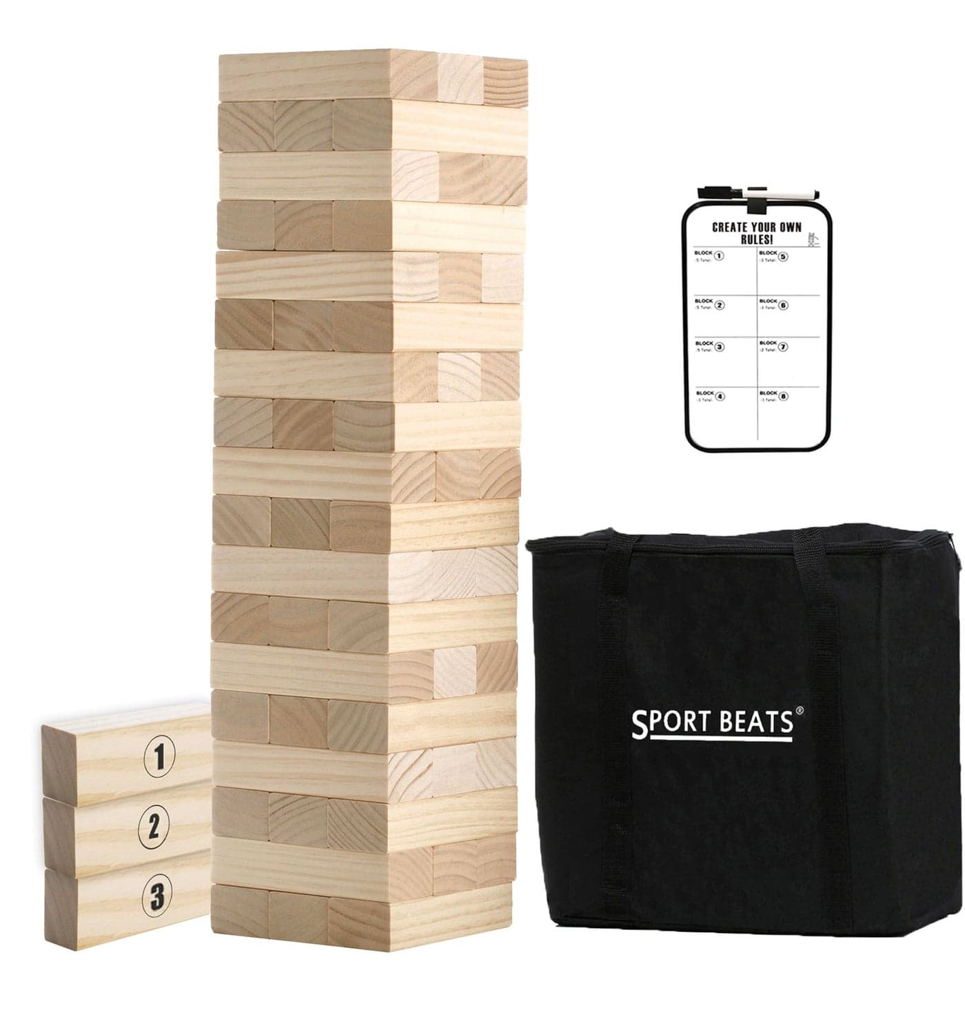 SPORT BEATS Outdoor Games Large Tower Game 54 Blocks Stacking Game Includes Carry Bag and Scoreboard