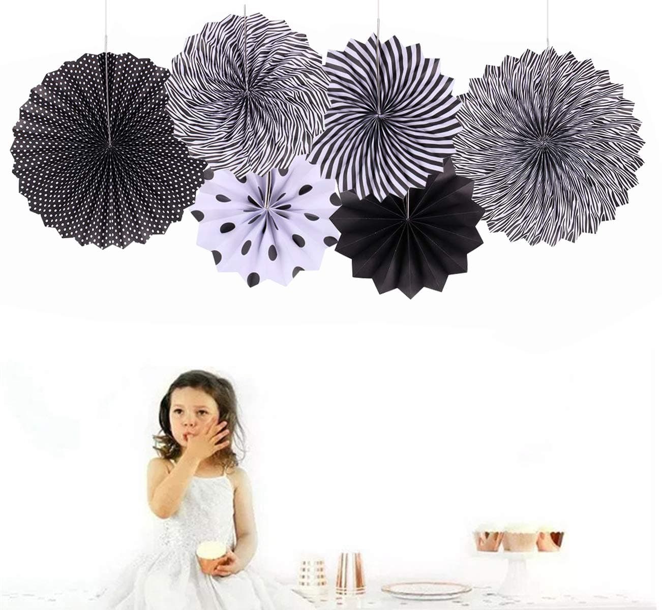 AMFIN All Ages Fans for Decoration Paper Fans for Decoration Birthday Party Paper Fans for Decoration Birthday Party - Pack of 6 (Black)