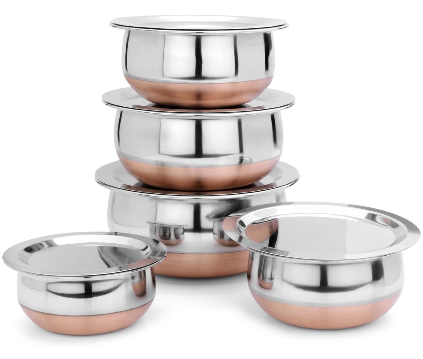 LiMETRO STEEL Set of 5 Copper Coated Stainless Steel Handi Set/Serving Set with Lid (Capacity : 0.5 LTR, 0.75 LTR, 1 LTR, 1.5 LTR & 2 LTR)