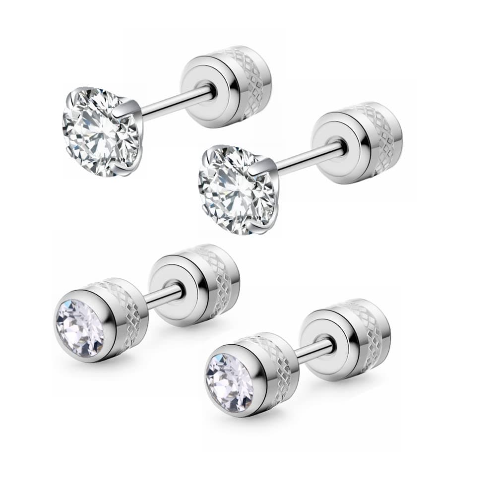 Hypoallergenic double sided diamond Stud Earrings For Womens Secure Safety Screw back Cartilage CZ Stud Earrings (4mm Steel (2 Pairs))