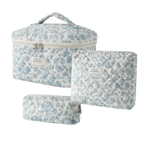 uekeboag 3Pcs Quilted Cotton Makeup BagCoquette Quilted Toiletry Bag for Women and GirlsFloral Coquette PouchCute Kawaii Travel Cosmetic Bags3Pcs LightBlue Flower