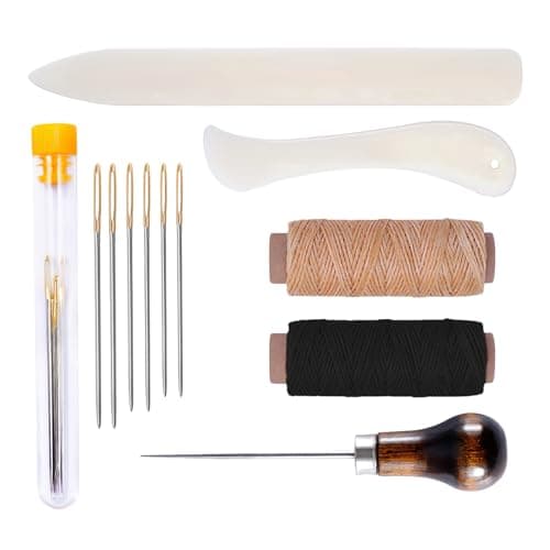CoolShef 12Pcs Book Binding Kit – Leather Craft Tools with Bone Folder, Waxed Thread, Awl & Large-Eye Needles | Stitching Tools for Tailoring and Handmade Bookbinding Crafts