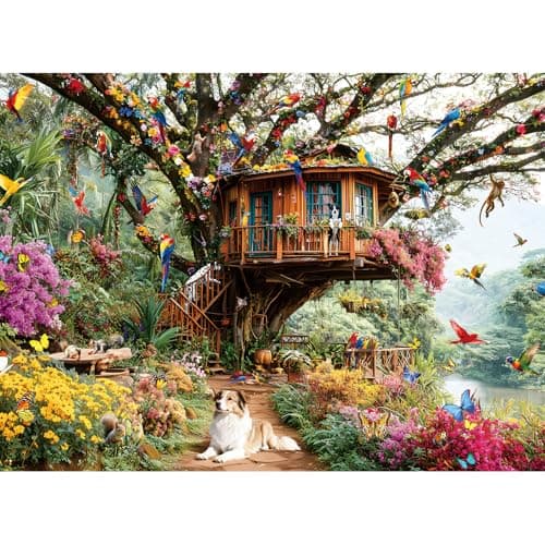 HQXXJW 500 Pieces Puzzle for Adults Puzzles for Adults 500 Pieces Rainforest Treehouse Dog Birds Nature Jigsaw Puzzle Challenging Puzzle Perfect for Game Nights 205 X 15 in