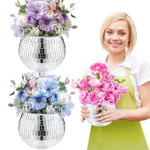 Esamploe 2 Pcs Disco Ball Vase,4.4 x 6 Inch Mirrored Disco Ball Planter,Disco Ball Candle Holders Perfect Disco Decorative Planters for Living Room Bedroom Dining Table Wedding Party Birthday