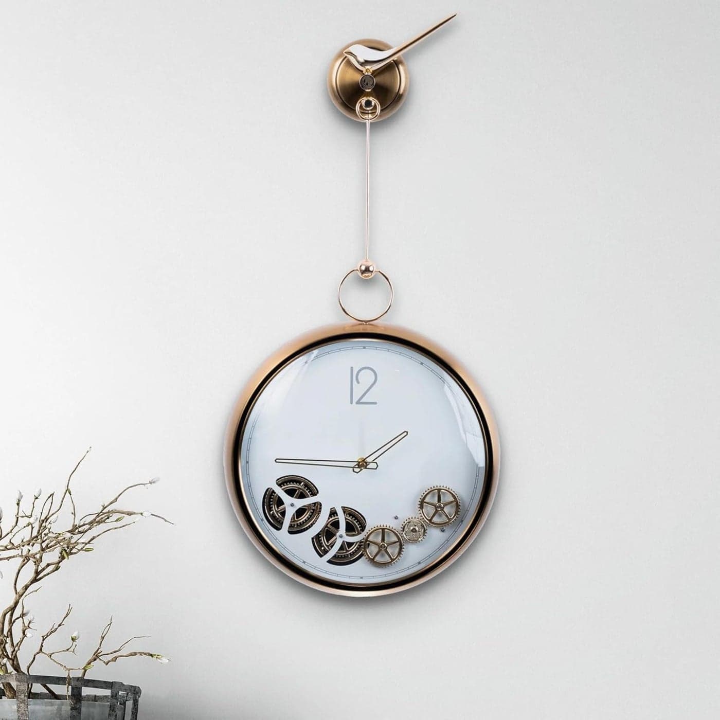 MORPICH Luxury Metal Wall Clock with Moving Pendulum Gears Modern Golden Hanging Large Wall Clock 38cm Diameter White