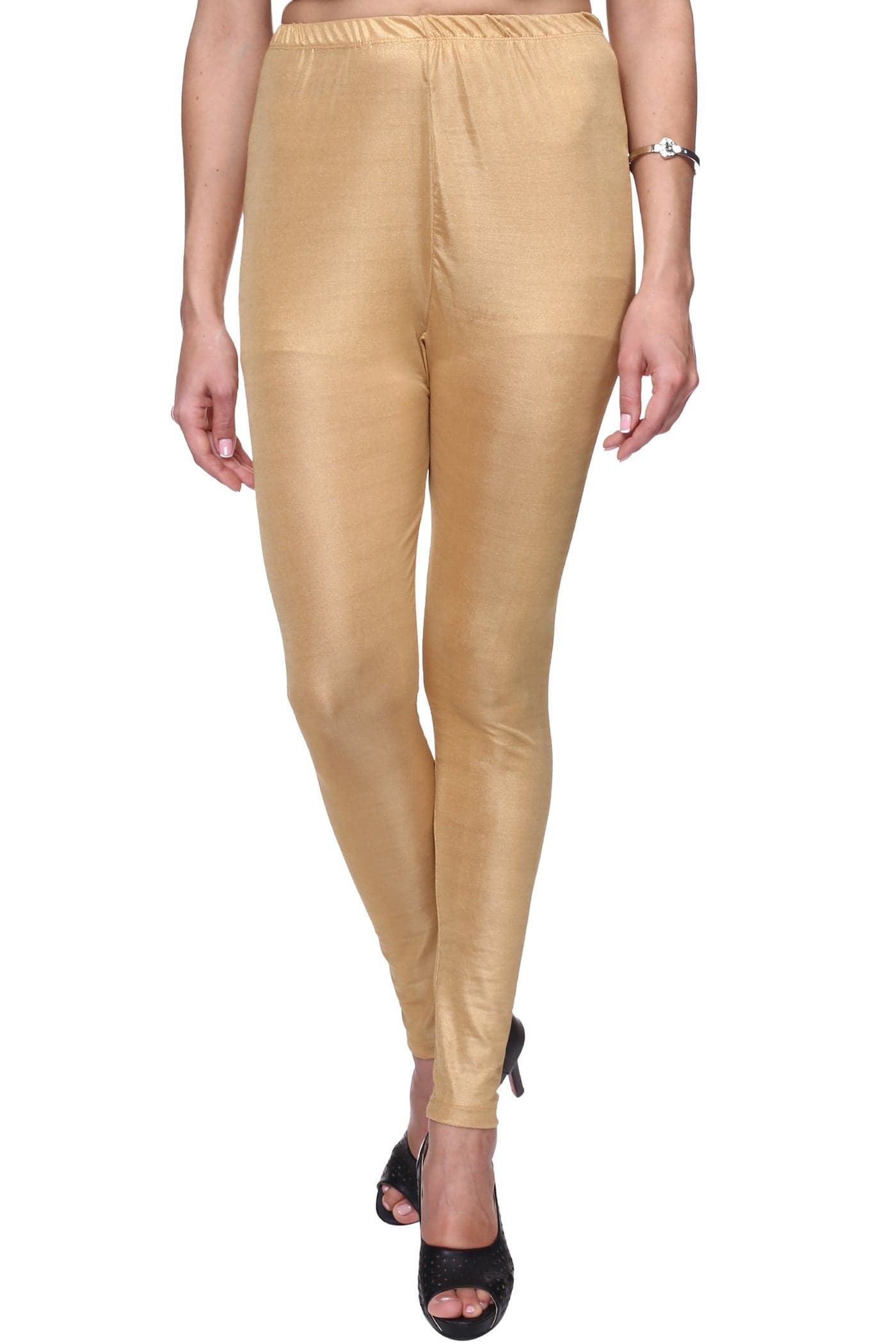 TRASA Women's Slim Fit Nylon Ankle Length Shining Shimmer Leggings - Golden - Large, High Rise