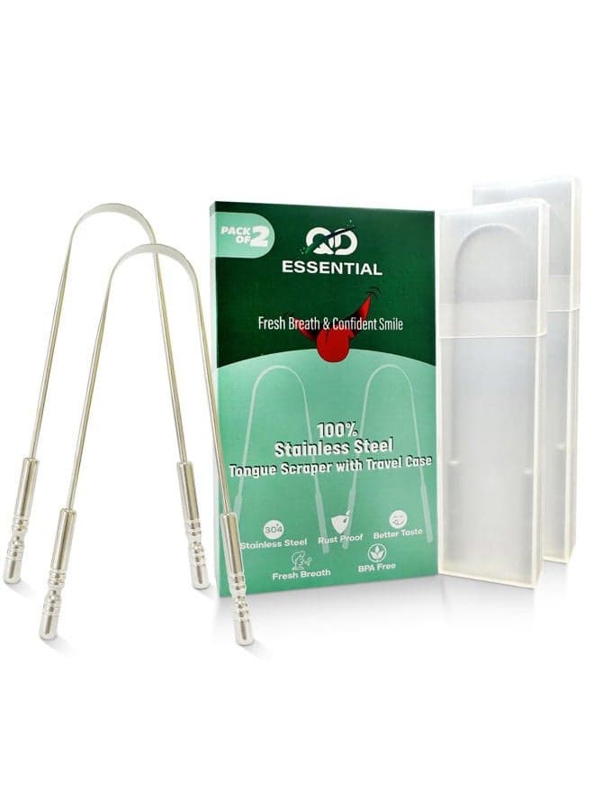 Tongue Scraper with Travel Case (Two Pack)| Prevent Bad Breath with Easy To Carry Tongue Cleaner |100% Stainless Steel Tongue Scrubber for Daily Hygiene & Oral Care