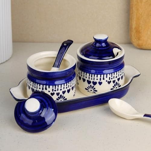 The Earth Store Blue Drape Ceramic Pickle Jar with Tray and Spoon | Barni with Lid | Ceramic Storage Container Pickle/Achar, Sauces, Spices, Sugar | 250 ML