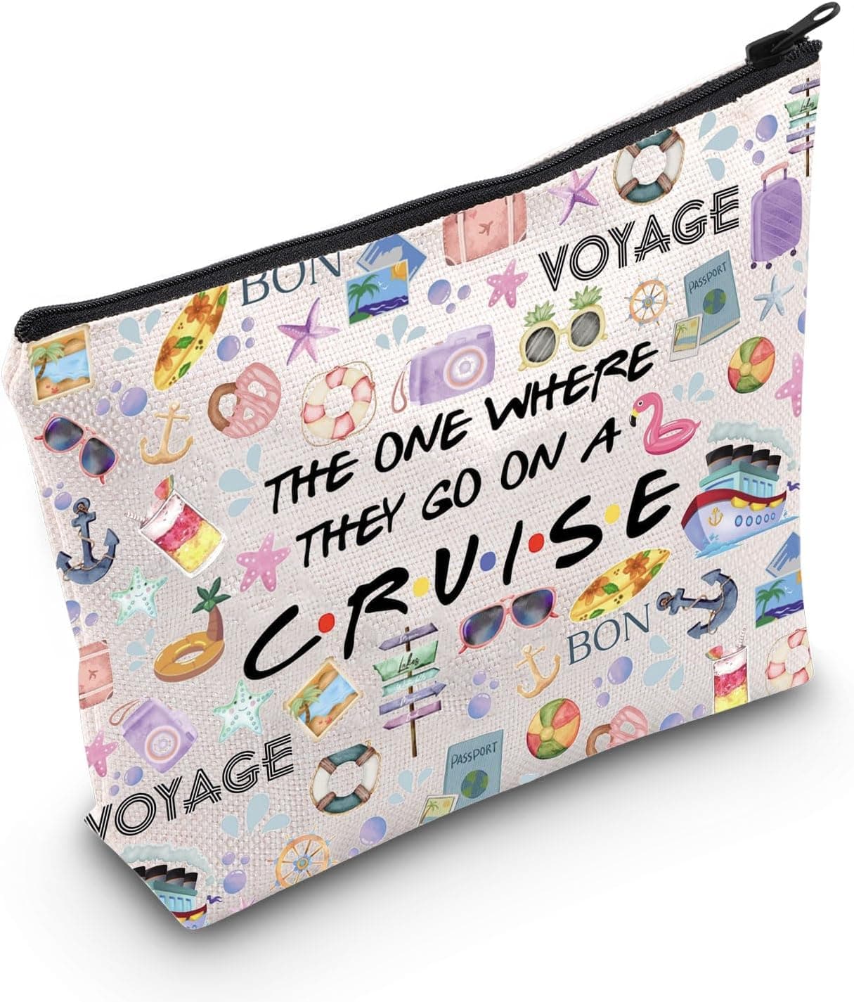 WCGXKO Cruise Trip Gift The One Where They Go On A Cruise Zipper Pouch Makeup Bag (B-Go On Cruise), beige