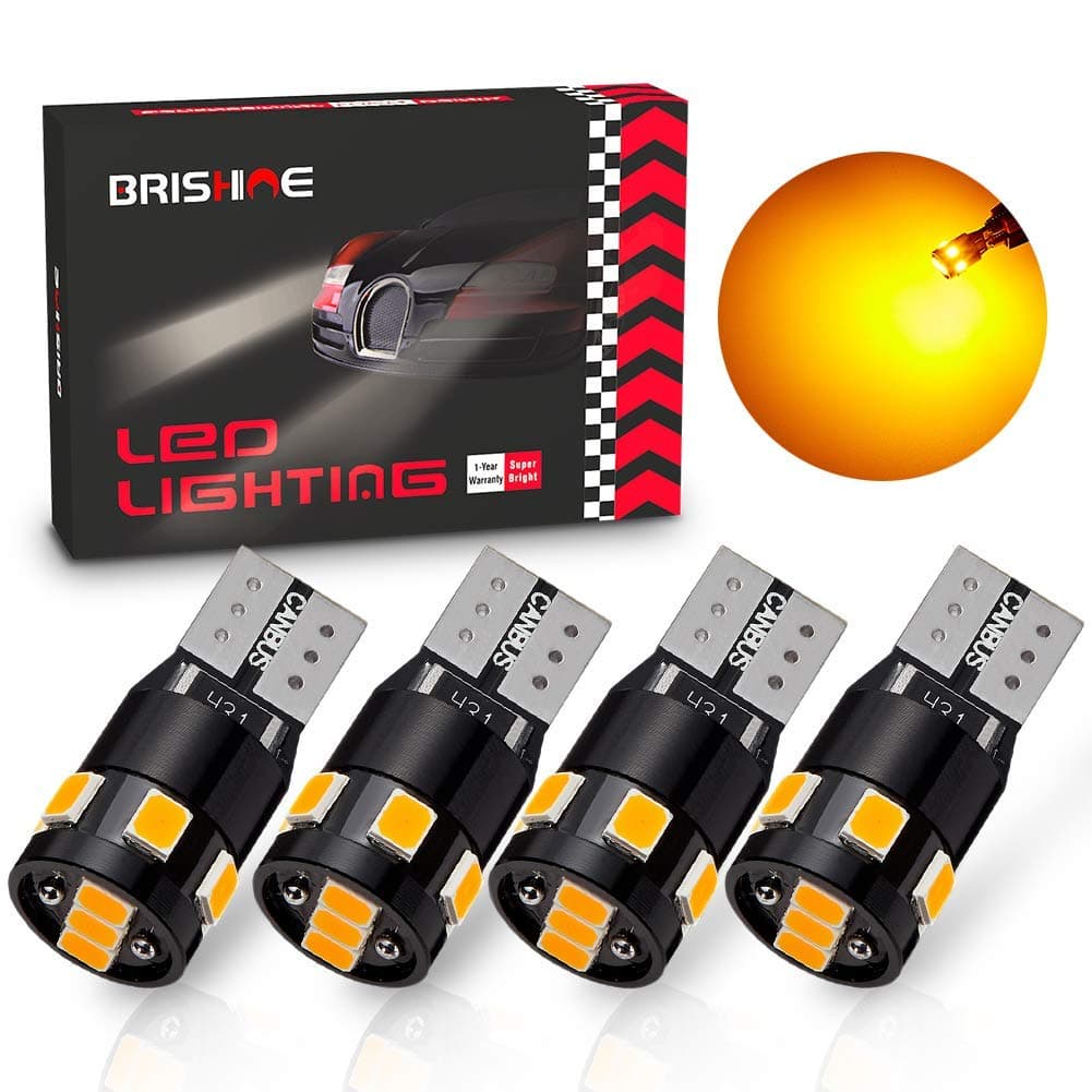 BRISHINE 300LM Extremely Bright Canbus Error Free 194 168 2825 192 W5W T10 LED Bulbs Amber Yellow 9SMD 2835 LED Chipsets for Side Marker Turn Signal Blinker Map Door Parking Lights Pack of 4