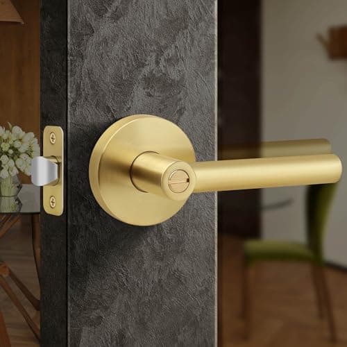 Moquin Brushed Gold Heavy Duty Round Design Door Lever, Keyless Privacy Door Handle in Gold, Reversible Door Lock for Bathroom Bedroom Door, Satin Brass Finish