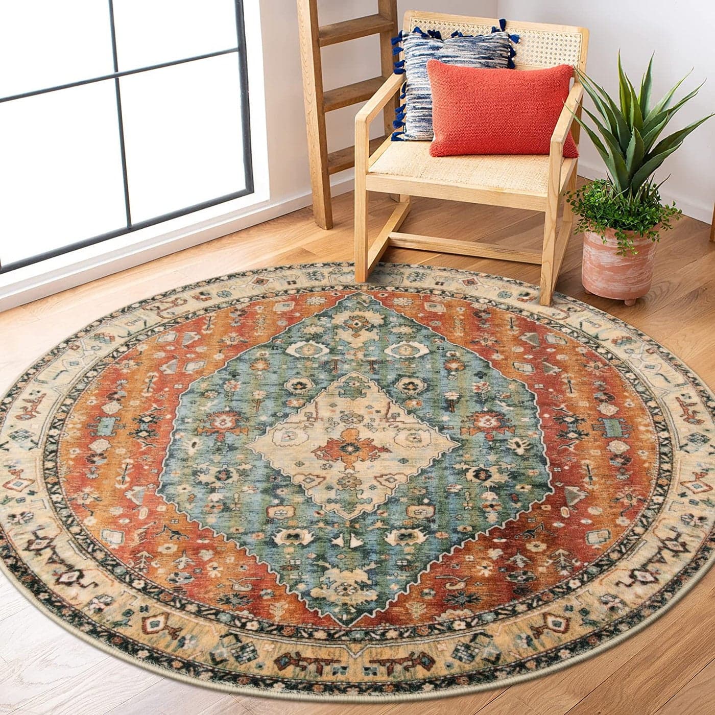 Lahome Boho Tribal Round Rugs 5ft Washable Kitchen Round Area Rug Non Slip Bedroom Living Room Circle Circular Rug Oriental Low Pile Entryway Carpet for Dining Bathroom RustDull Teal5ftRound