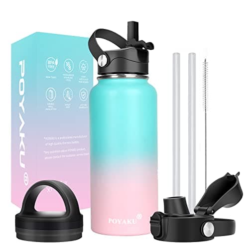 Water Bottle Insulated 32oz 40oz 64oz 128oz Straw Lid Spout Lid & 3 Lids, Leak Proof, Vacuum Insulated,Stainless Steel Water Bottle Wide Mouth for Sports, Gym or Office (Bubble Gum, 32 oz)