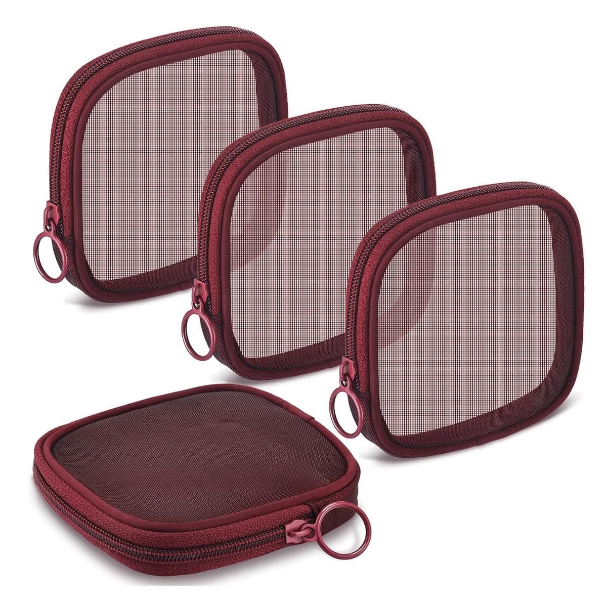 MAYCREATE 4pcs Mesh Makeup Pouch Small Zipper Cosmetic Bags for Women 47 Square Fashion Lipstick Pouches for Women Nylon Mini Cash Toiletry Organizer Bag for Daily Accessories Wine Red