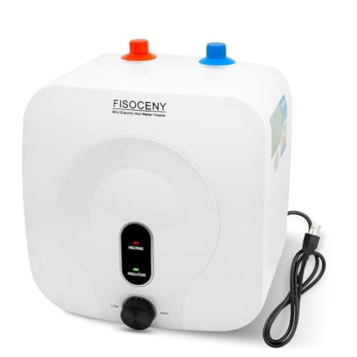Fisoceny 2.5 Gallon Mini Tank Water Heater Under Sink Hot Water 1500W 120V Water Heaters for RV Kitchen RV 1/2”NPT Stainless Steel Hose 3-way Fitting White