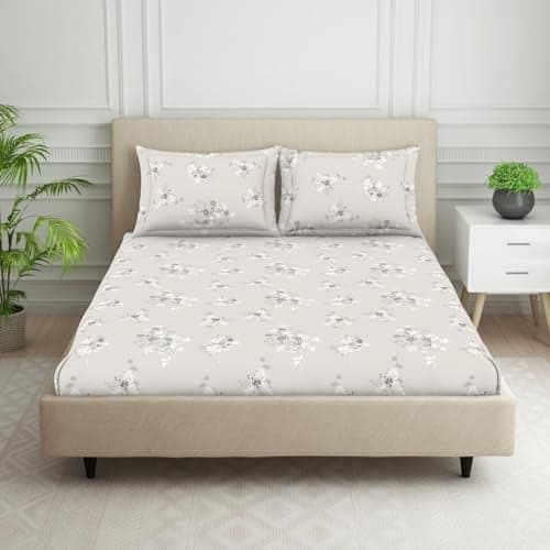 Welspun 120 TC Polycotton Bedsheet for Double Bed with 2 Pillow Cover | Skin Safe & Super Soft King Size Bed Sheet | (108 X 108 Inch) - Floral Grey | Harmony