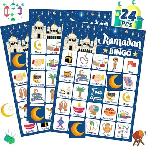 Fenkysoix Ramadan Bingo Game Ramadan Activities for Kids with 24 Players Cards Eid Mubarak Bingo Cards for Ramadan Mubarak Party Favors Family Classroom Treats Supplies Favors