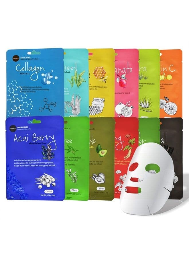 Celavi Essence Facial Sheet Face Mask Variety Set Classic Authentic Korean Moisturizing Skincare (12-Packs)