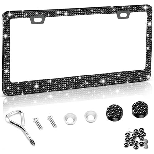 Amiss Bling License Plate Frame for Women 1Pack Rhinestone Handcrafted Crystal Premium Stainless Steel Stainless Steel Car Accessories with Diamond Sparkle Glitter Caps Black