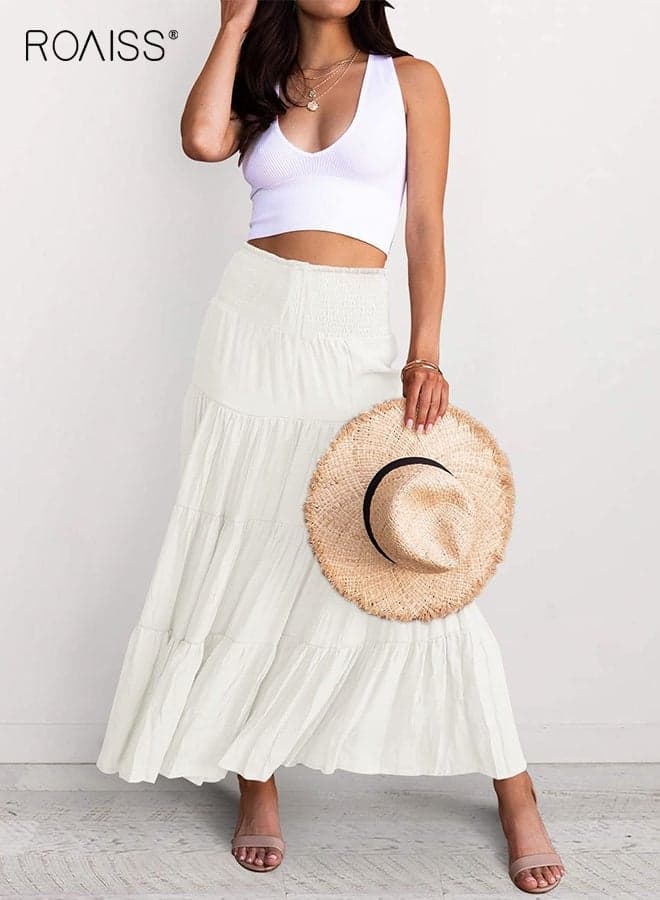 Women's Summer Elastic High Waist Boho Maxi Skirt Casual Drawstring A Line Long Skirt, Casual Beach Long Skirts Solid Color White for Ladies strapless midi dress