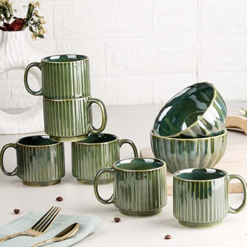 The Earth Store Green Ceramic Snack Bowl & Tea Cup Combo | Set of 2 Bowls 320ML & 6 Tea Cups 160ML | Microwave & Dishwasher Safe Bowl Combo Set | Multipurpose Combo for Tea, Coffee, Snacks, Gifting
