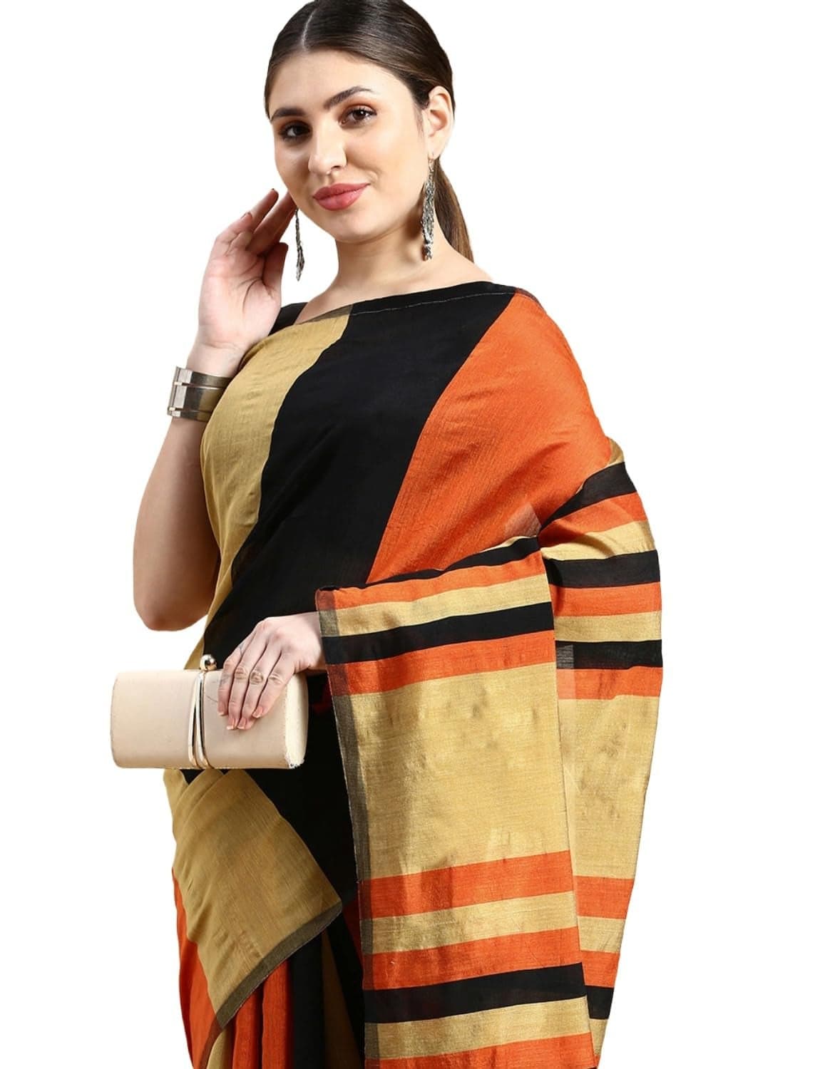 dB DESH BIDESH Women`s cotton silk saree handloom party, wear chiffon georgette banarasi silk sarees for women mysore silk fancy latest, collection wedding sarees for women (Cream orange black)
